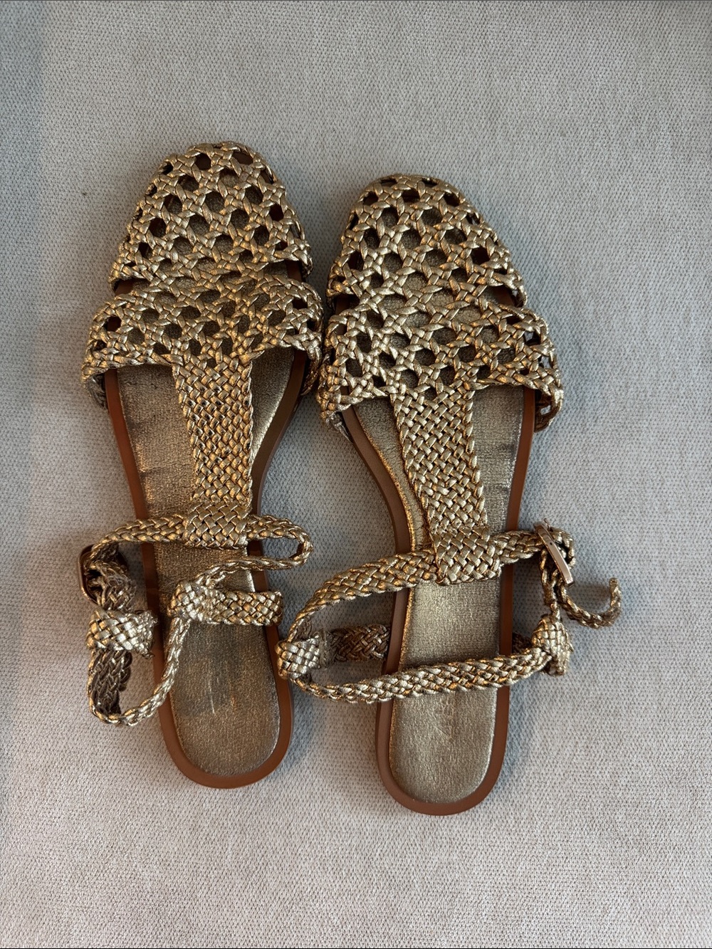 Zara Woven Metallic Gold Lace-Up Flat Sandals